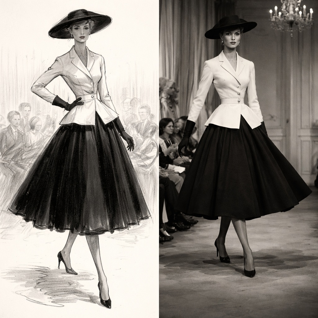Historic Dior “New Look” silhouette illustration or runway archive